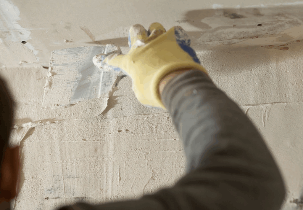 A worker repairs walls with wall spackle and a spatula for a smooth finish