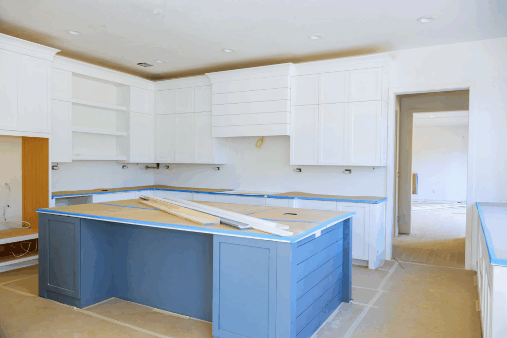 Blue kitchen island and white cabinets with freshly painted finishes