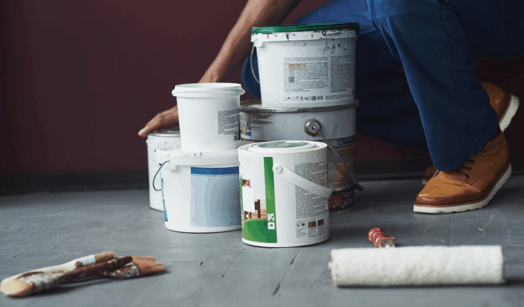 A painter is on a job inside a house with many stacked cans of the best paint for interior walls.