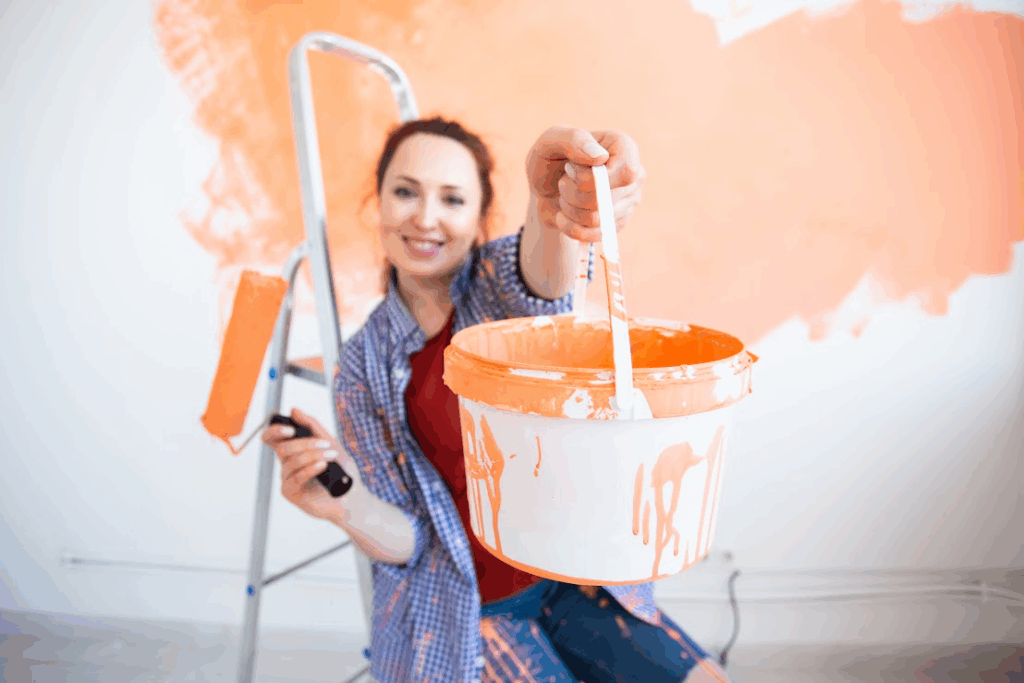 A woman painting the interior of her house in orange is holding up a can of orange paint.